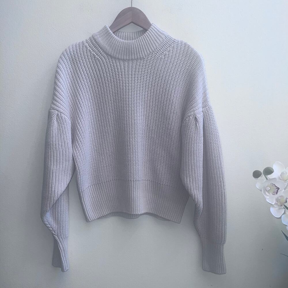 H & M Women's Cream Chunky Cable Knit Oversized Sweater Top XS Puff Sleeve